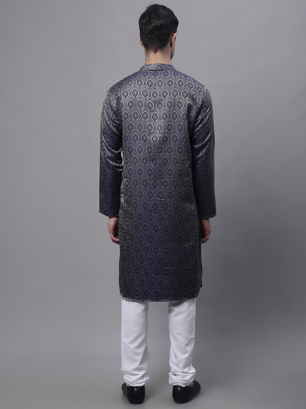 Jompers Men's Ethnic Navy Blue Woven Design Kurta with Pyjamas | Grocsy