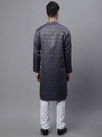 Jompers Men's Ethnic Navy Blue Woven Design Kurta with Pyjamas | Grocsy
