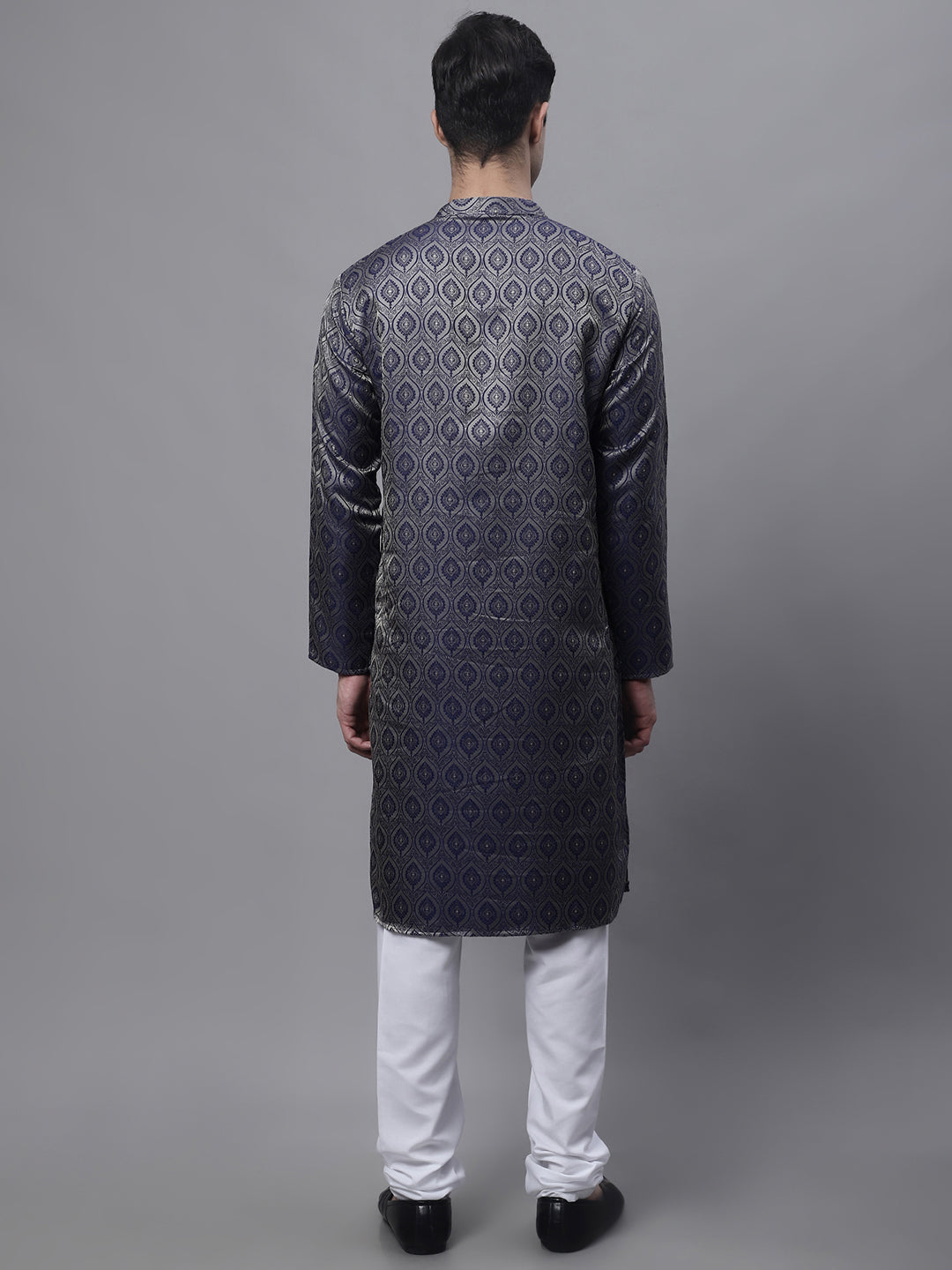 Jompers Men's Ethnic Navy Blue Woven Design Kurta with Pyjamas | Grocsy