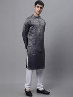 Jompers Men's Ethnic Navy Blue Woven Design Kurta with Pyjamas | Grocsy