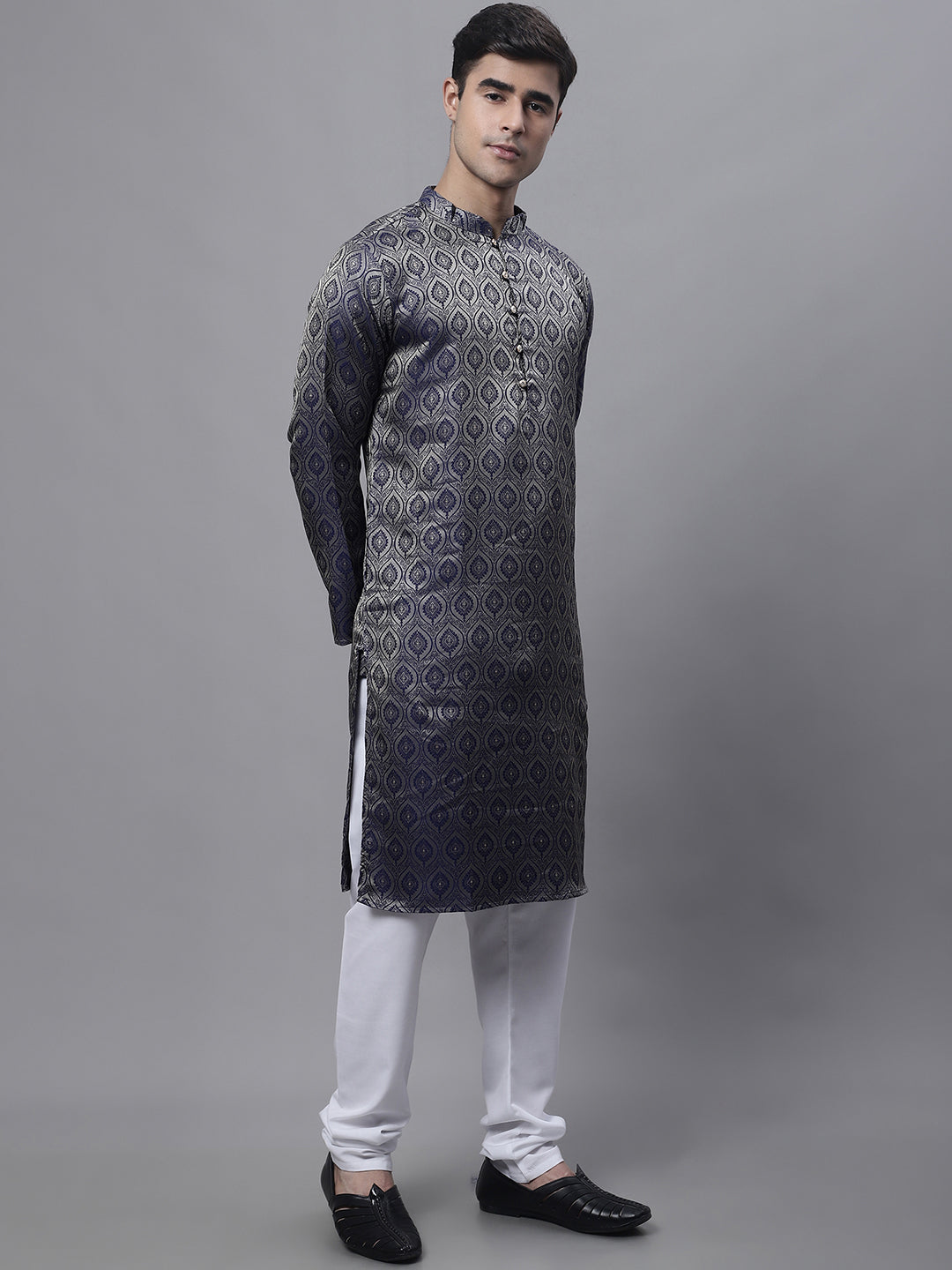 Jompers Men's Ethnic Navy Blue Woven Design Kurta with Pyjamas | Grocsy