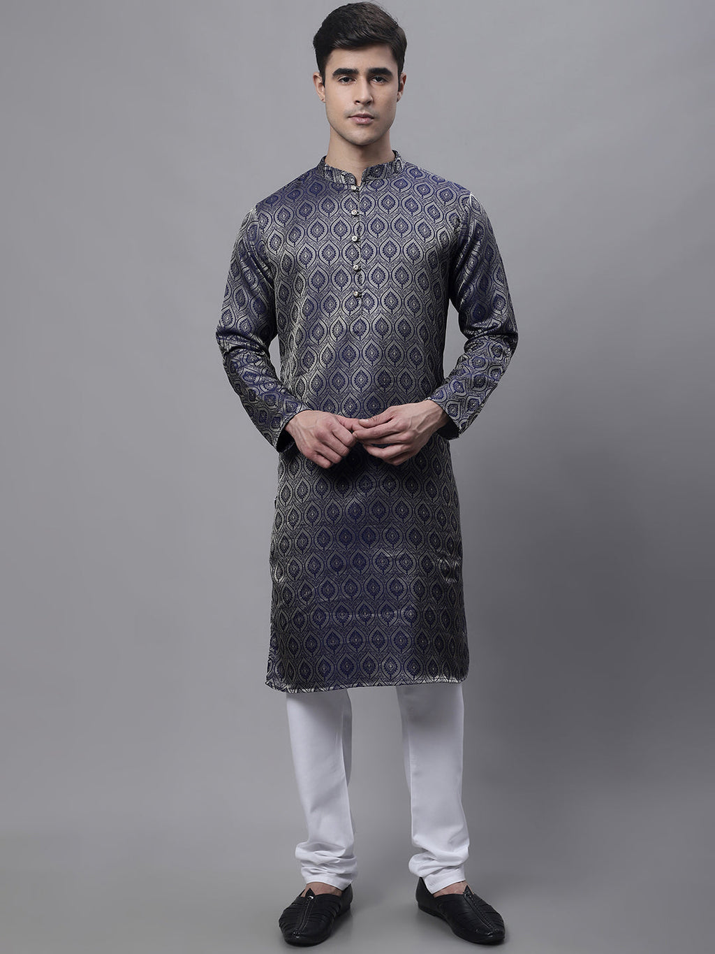 Jompers Men's Ethnic Navy Blue Woven Design Kurta with Pyjamas | Grocsy