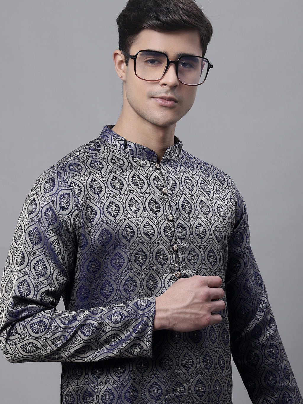 Jompers Men's Ethnic Navy Blue Woven Design Kurta with Pyjamas | Grocsy