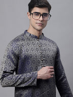 Jompers Men's Ethnic Navy Blue Woven Design Kurta with Pyjamas | Grocsy