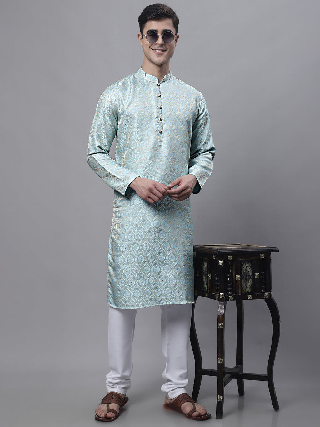 Jompers Men's Ethnic Sky Blue Woven Design Kurta with Pyjamas | Grocsy