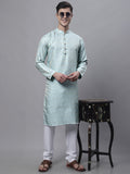 Jompers Men's Ethnic Sky Blue Woven Design Kurta with Pyjamas | Grocsy