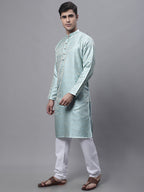 Jompers Men's Ethnic Sky Blue Woven Design Kurta with Pyjamas | Grocsy