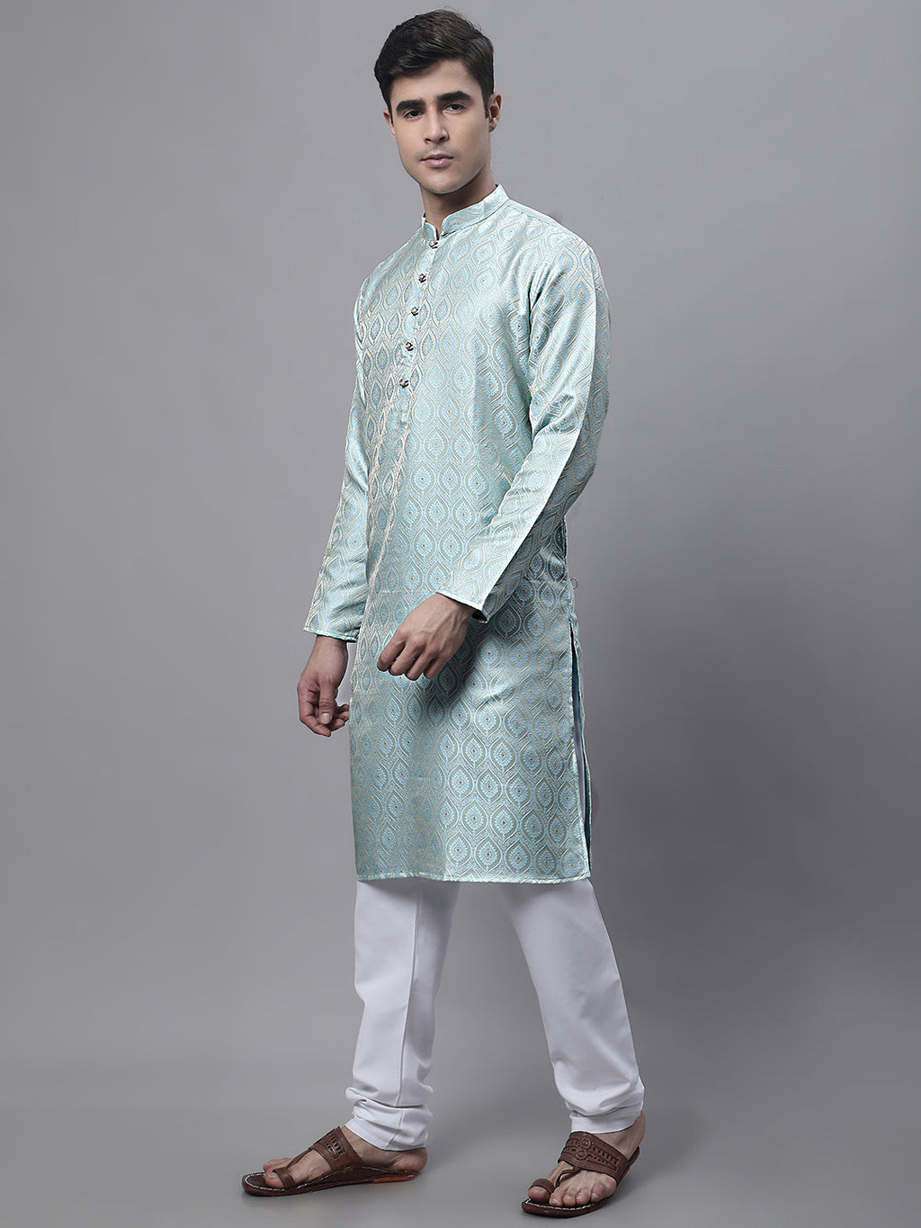 Jompers Men's Ethnic Sky Blue Woven Design Kurta with Pyjamas | Grocsy