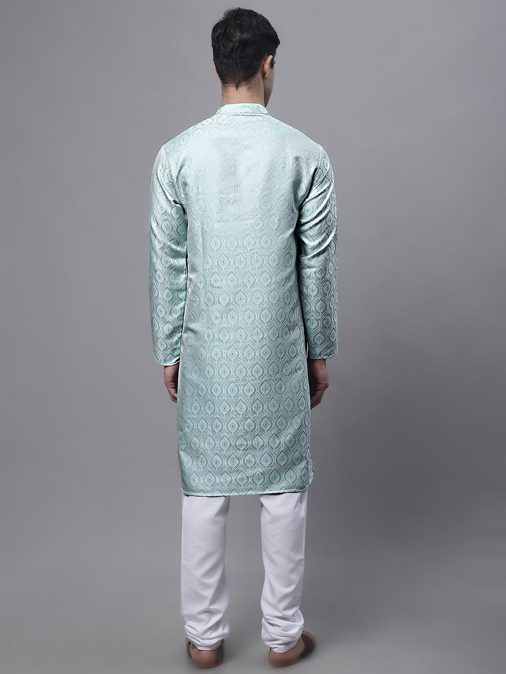Jompers Men's Ethnic Sky Blue Woven Design Kurta with Pyjamas | Grocsy