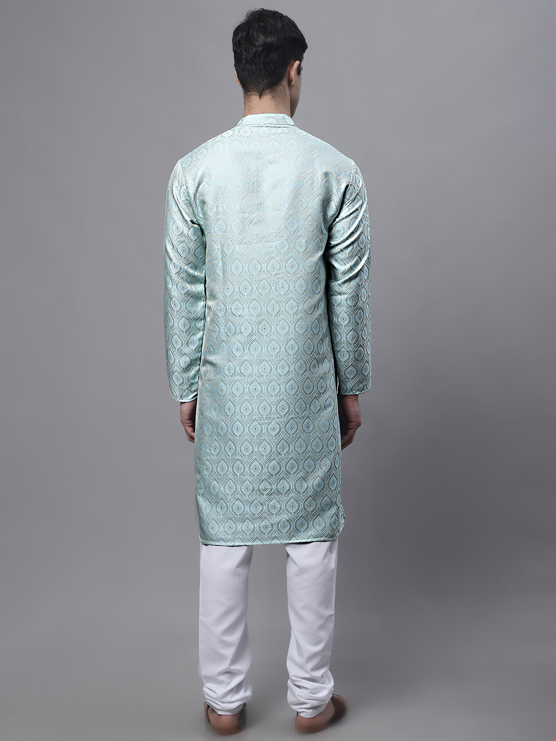 Jompers Men's Ethnic Sky Blue Woven Design Kurta with Pyjamas | Grocsy
