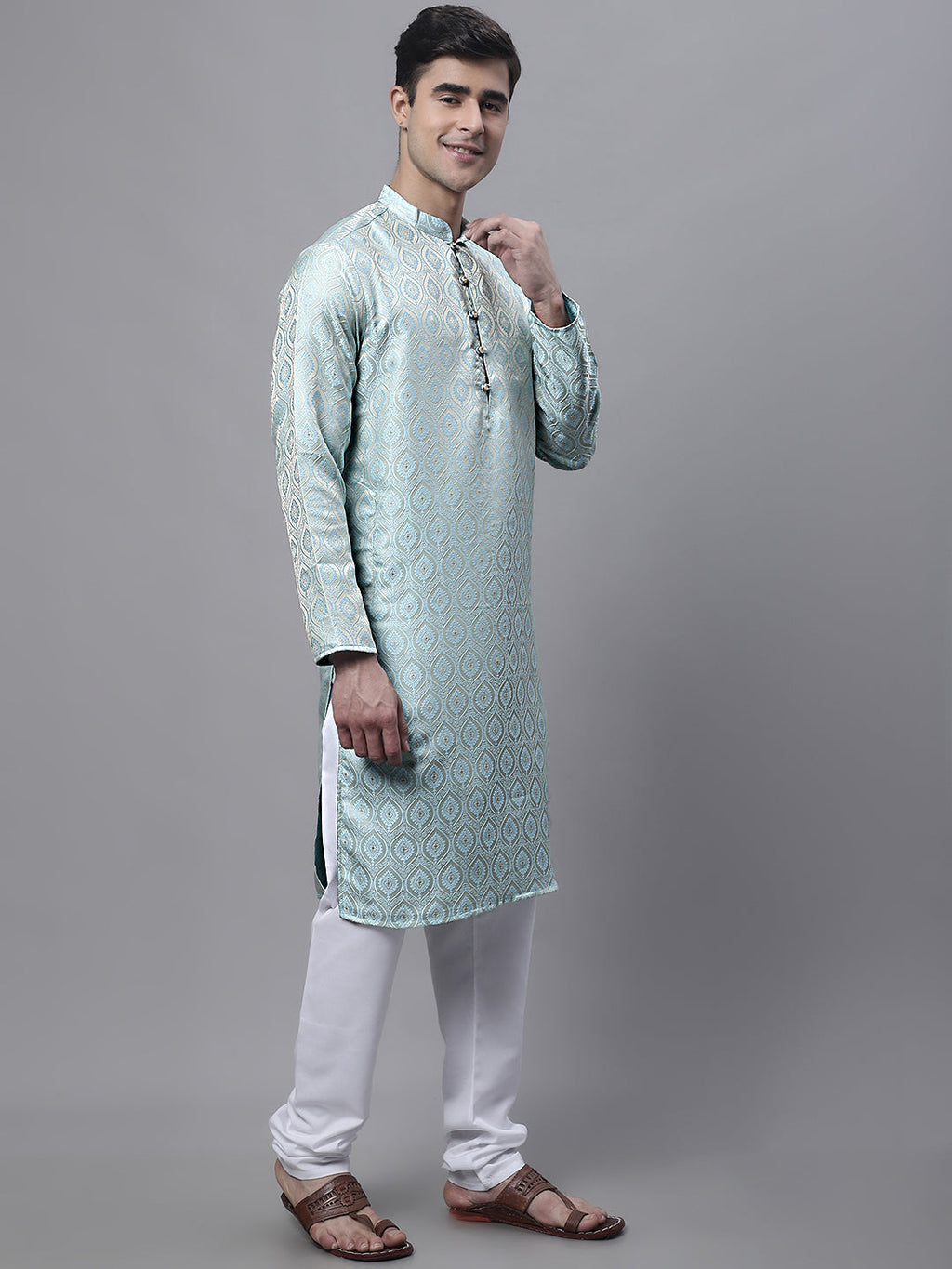 Jompers Men's Ethnic Sky Blue Woven Design Kurta with Pyjamas | Grocsy