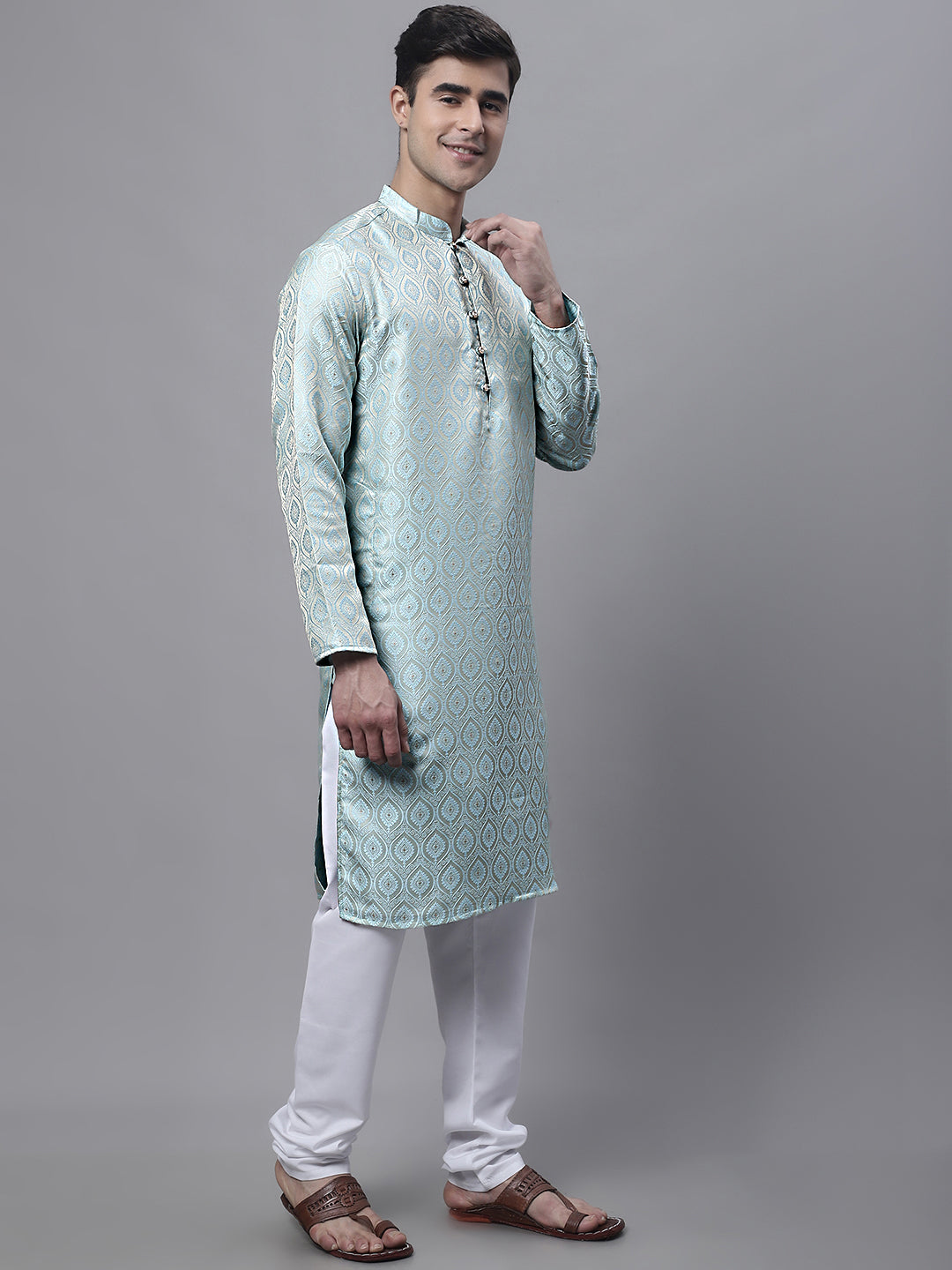 Jompers Men's Ethnic Sky Blue Woven Design Kurta with Pyjamas | Grocsy