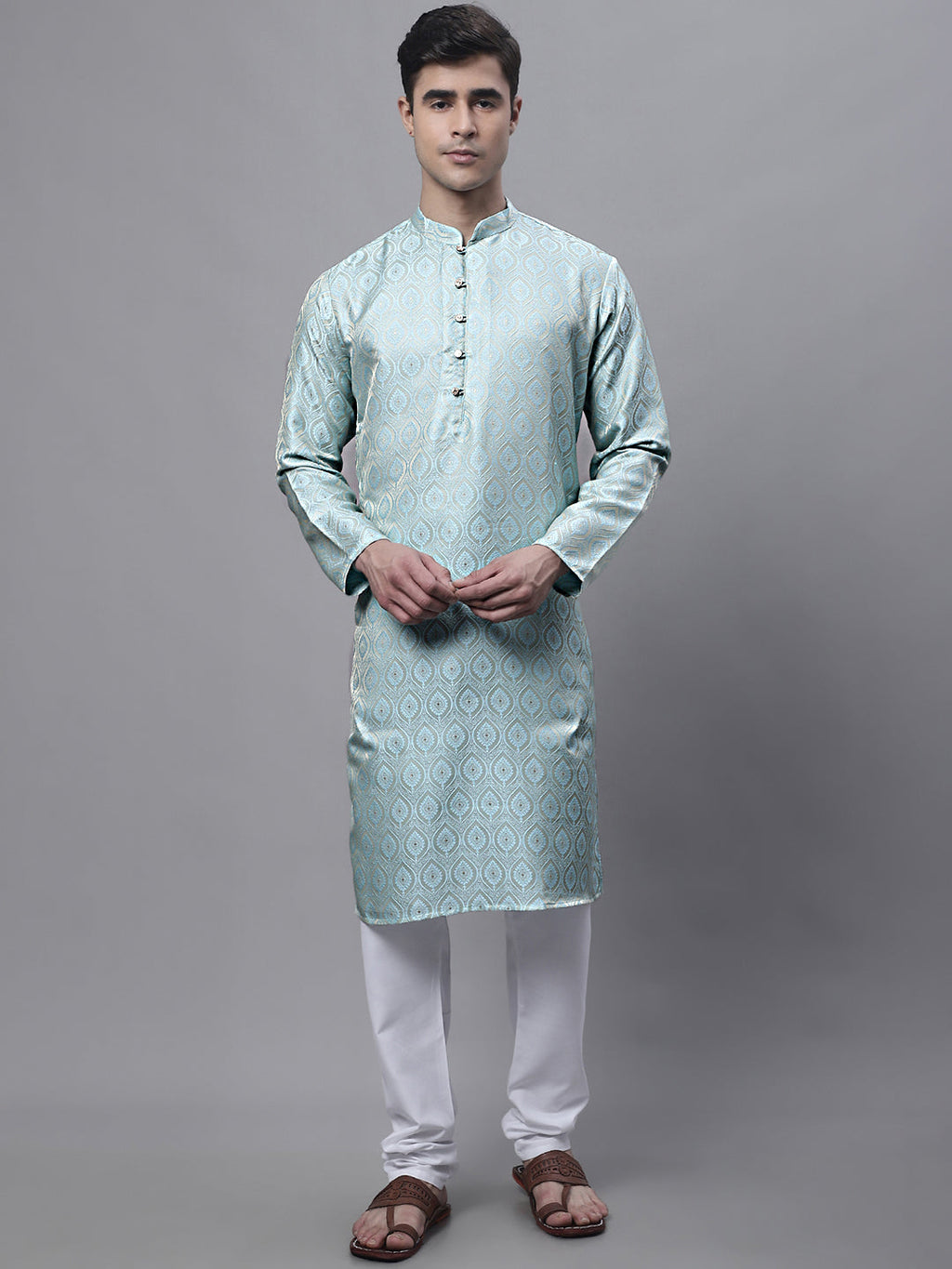 Jompers Men's Ethnic Sky Blue Woven Design Kurta with Pyjamas | Grocsy