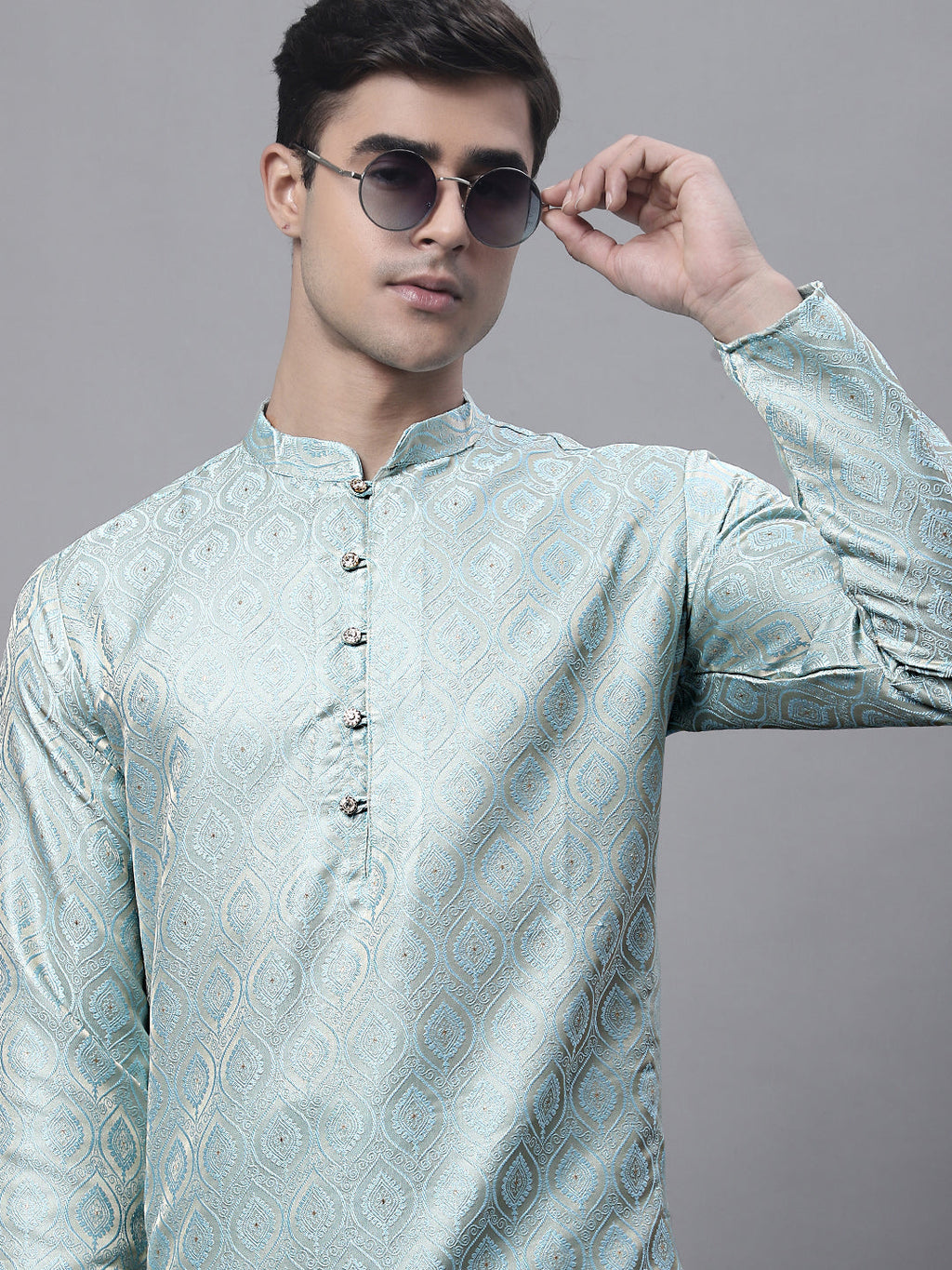 Jompers Men's Ethnic Sky Blue Woven Design Kurta with Pyjamas | Grocsy