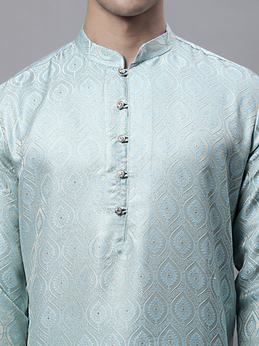 Jompers Men's Ethnic Sky Blue Woven Design Kurta with Pyjamas | Grocsy