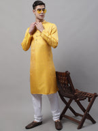 Jompers Men's Ethnic Yellow Woven Design Kurta with Pyjamas | Grocsy