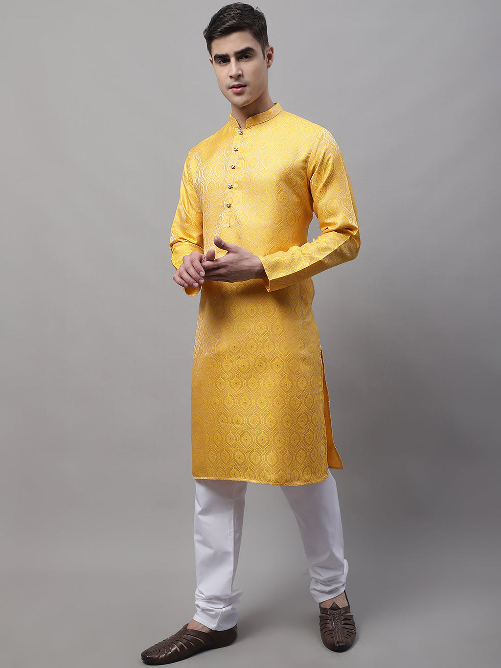 Jompers Men's Ethnic Yellow Woven Design Kurta with Pyjamas | Grocsy