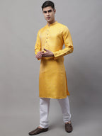 Jompers Men's Ethnic Yellow Woven Design Kurta with Pyjamas | Grocsy