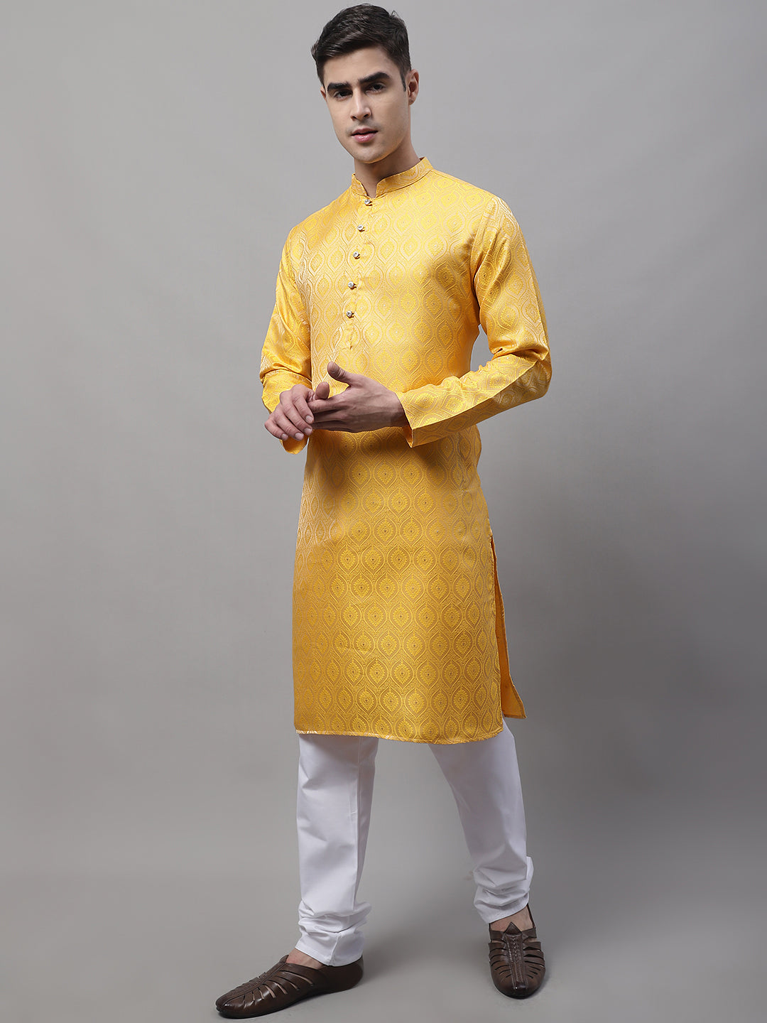 Jompers Men's Ethnic Yellow Woven Design Kurta with Pyjamas | Grocsy