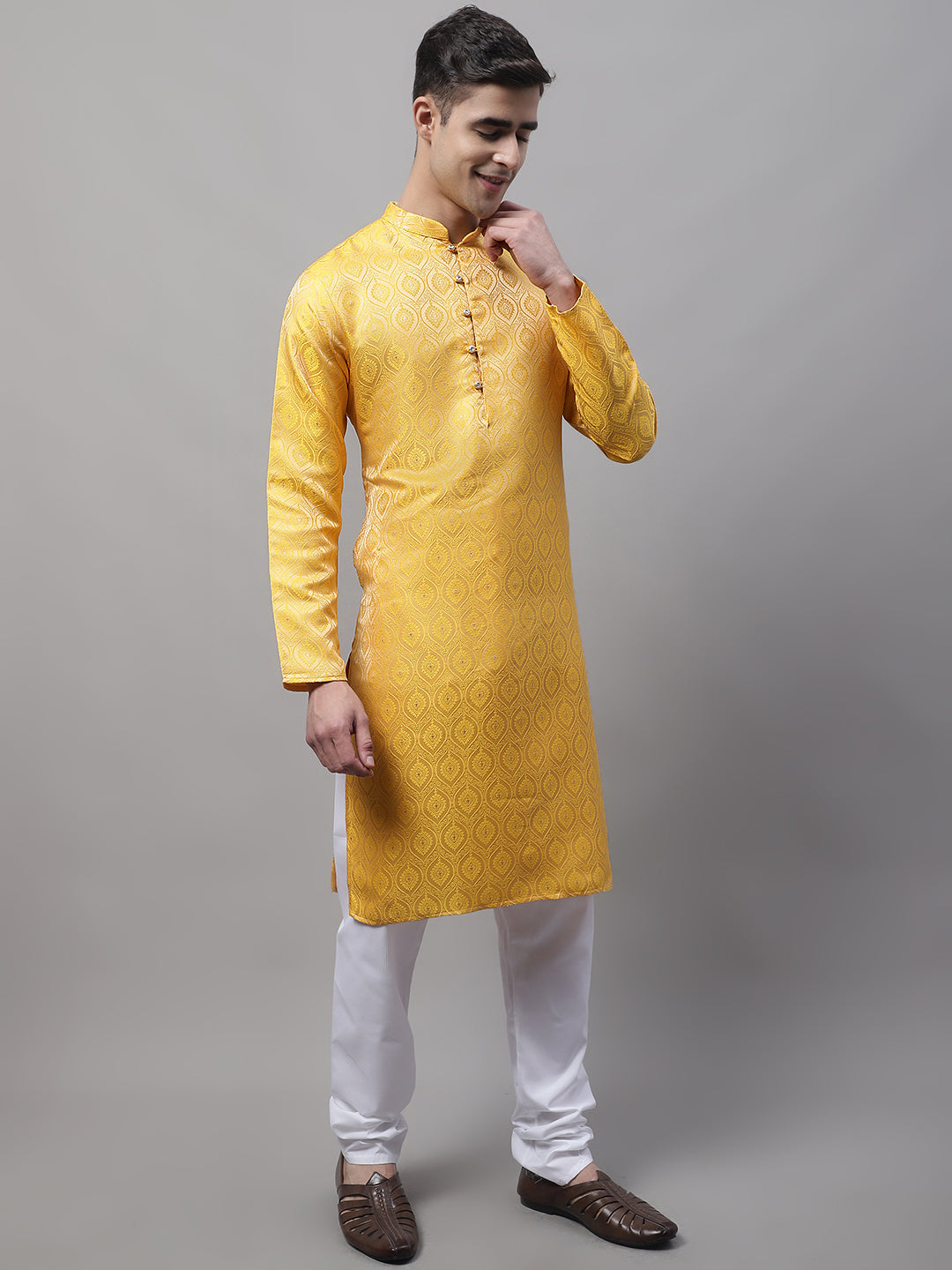 Jompers Men's Ethnic Yellow Woven Design Kurta with Pyjamas | Grocsy