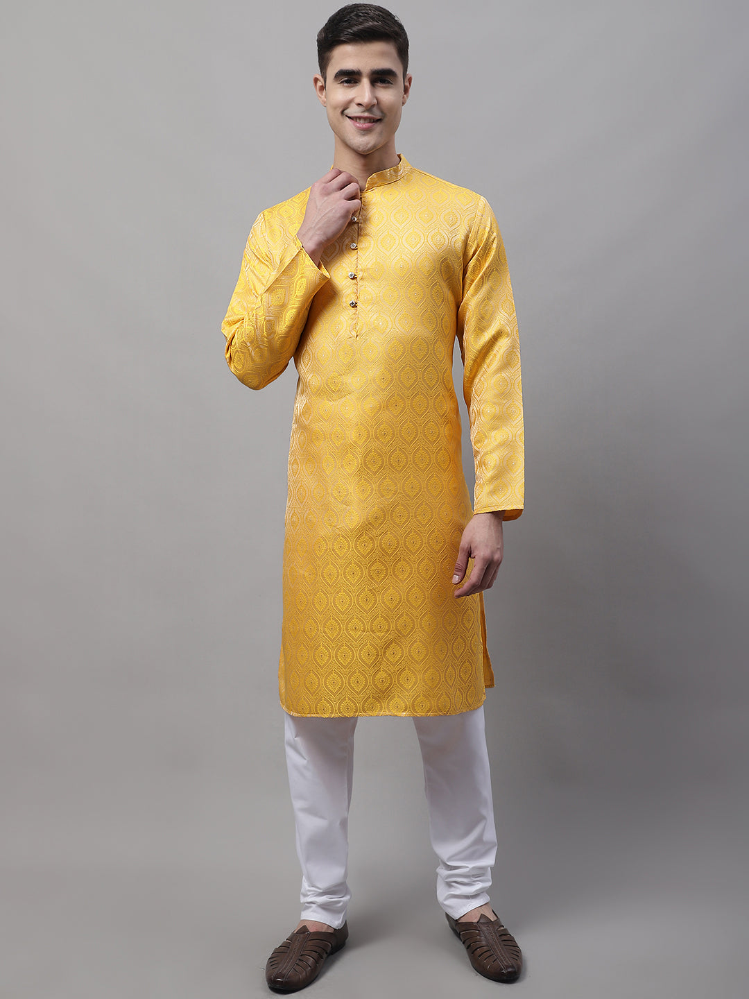 Jompers Men's Ethnic Yellow Woven Design Kurta with Pyjamas | Grocsy