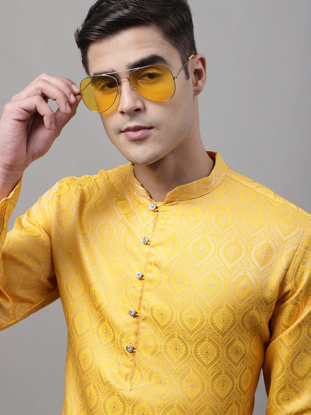 Jompers Men's Ethnic Yellow Woven Design Kurta with Pyjamas | Grocsy