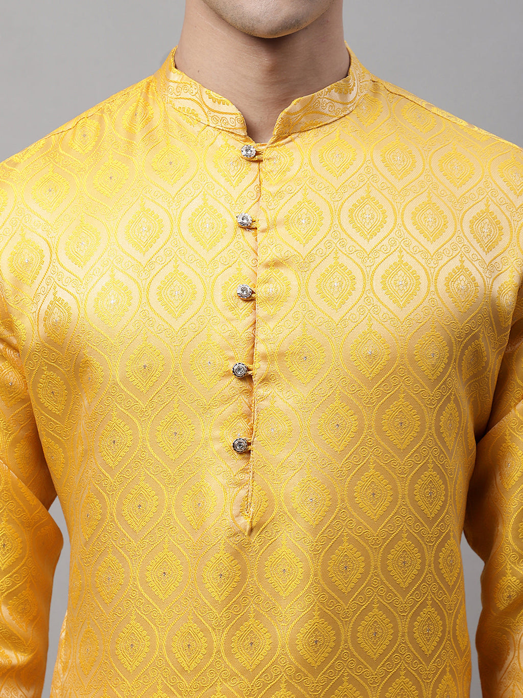 Jompers Men's Ethnic Yellow Woven Design Kurta with Pyjamas | Grocsy