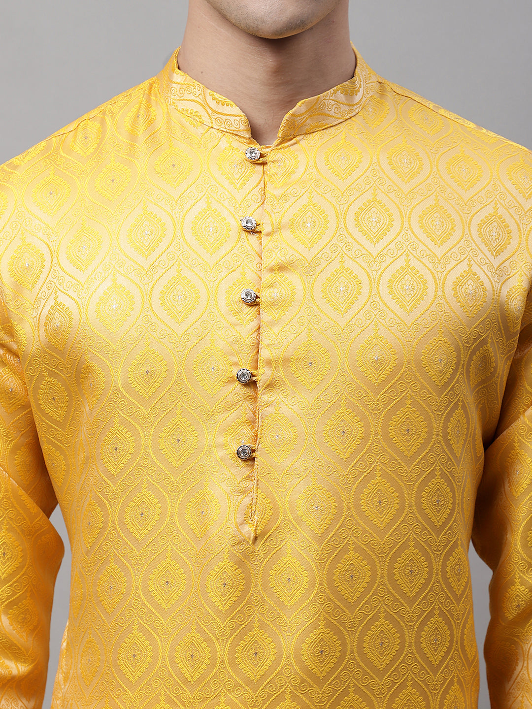 Jompers Men's Ethnic Yellow Woven Design Kurta with Pyjamas | Grocsy