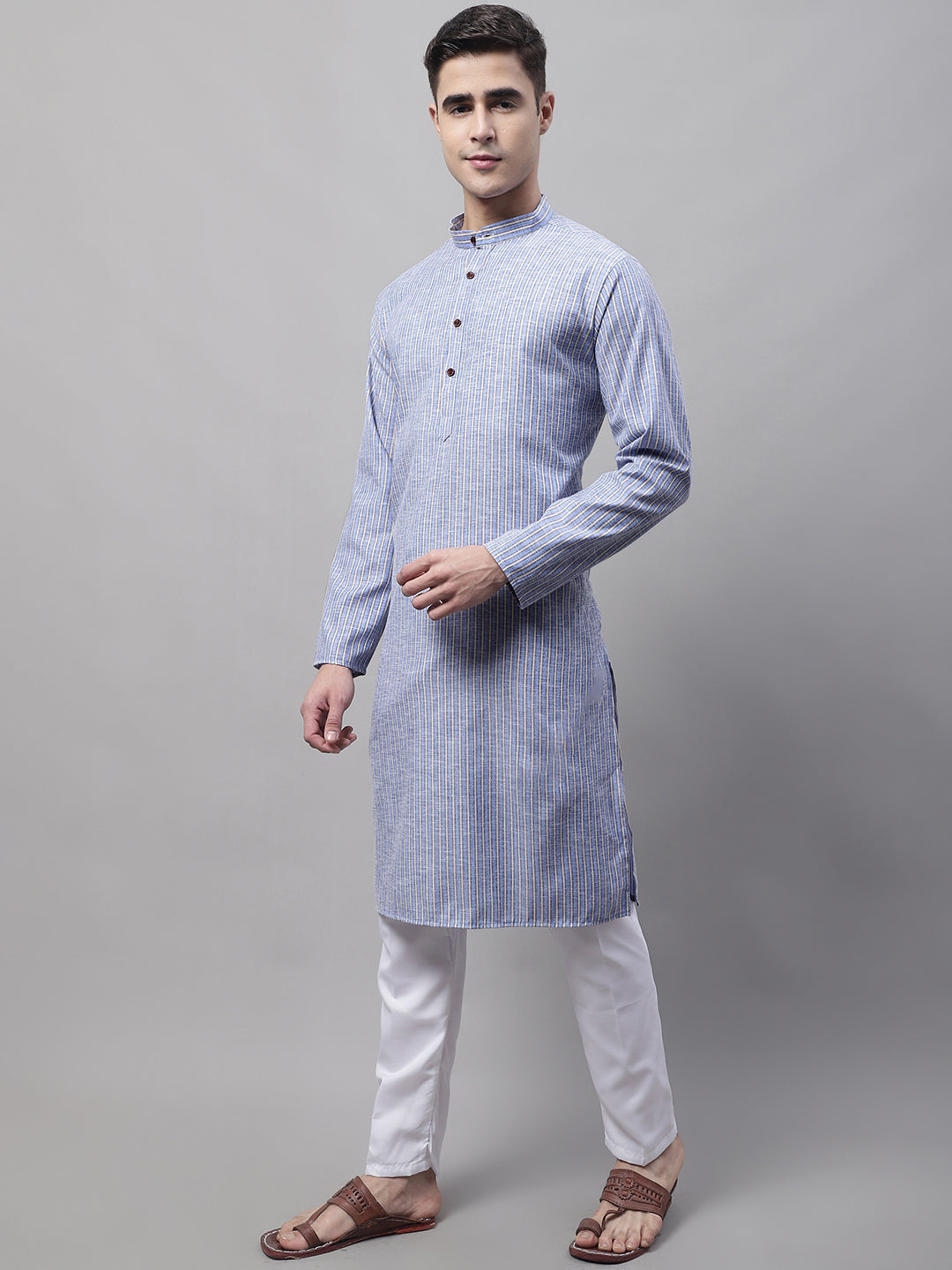Jompers Men's Blue and White Striped Kurta with Pyjama | Grocsy