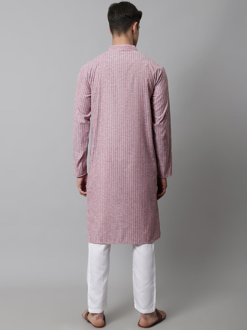 Jompers Men's Coral Red Striped Kurta with Pyjama | Grocsy