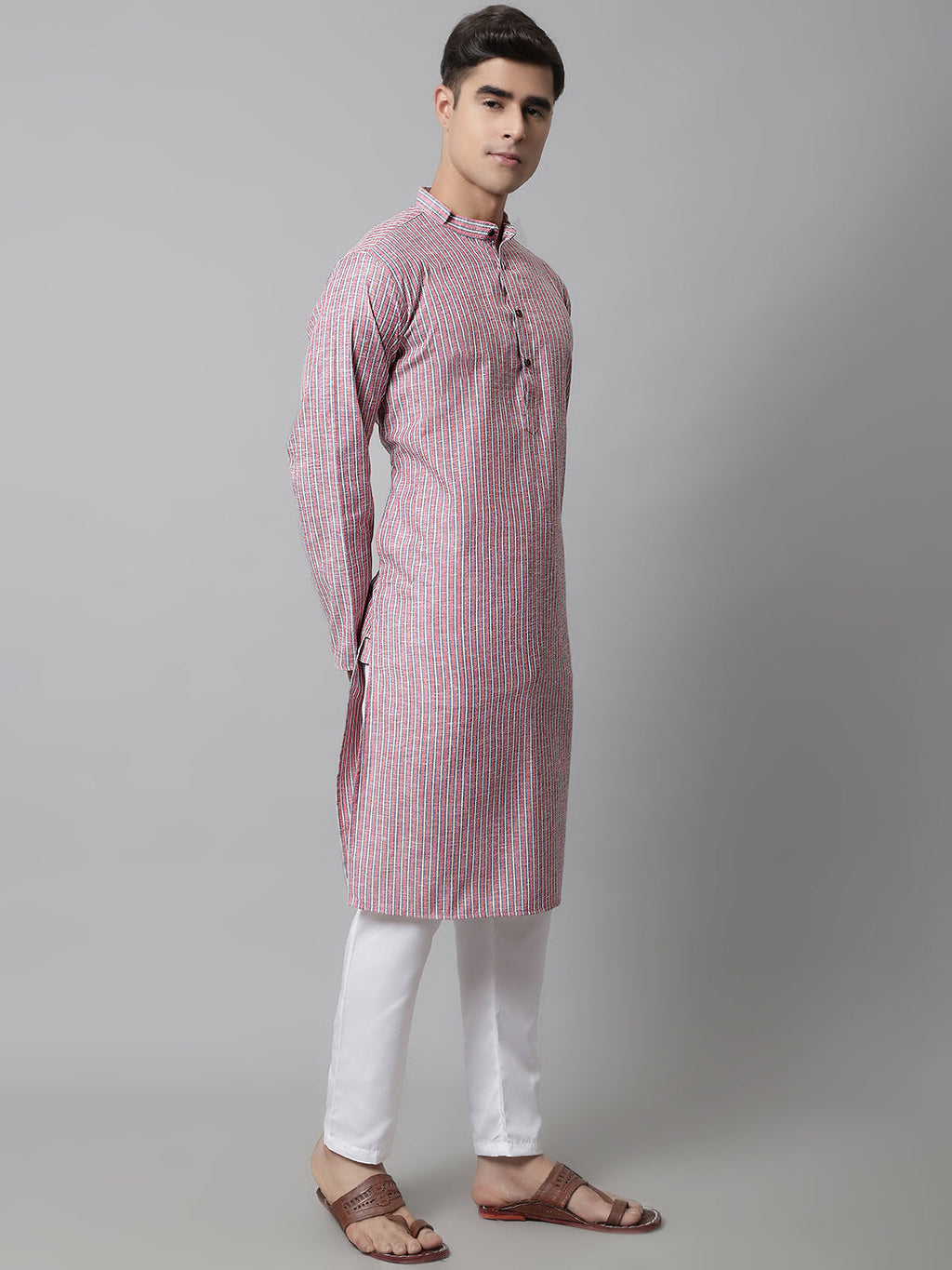 Jompers Men's Coral Red Striped Kurta with Pyjama | Grocsy