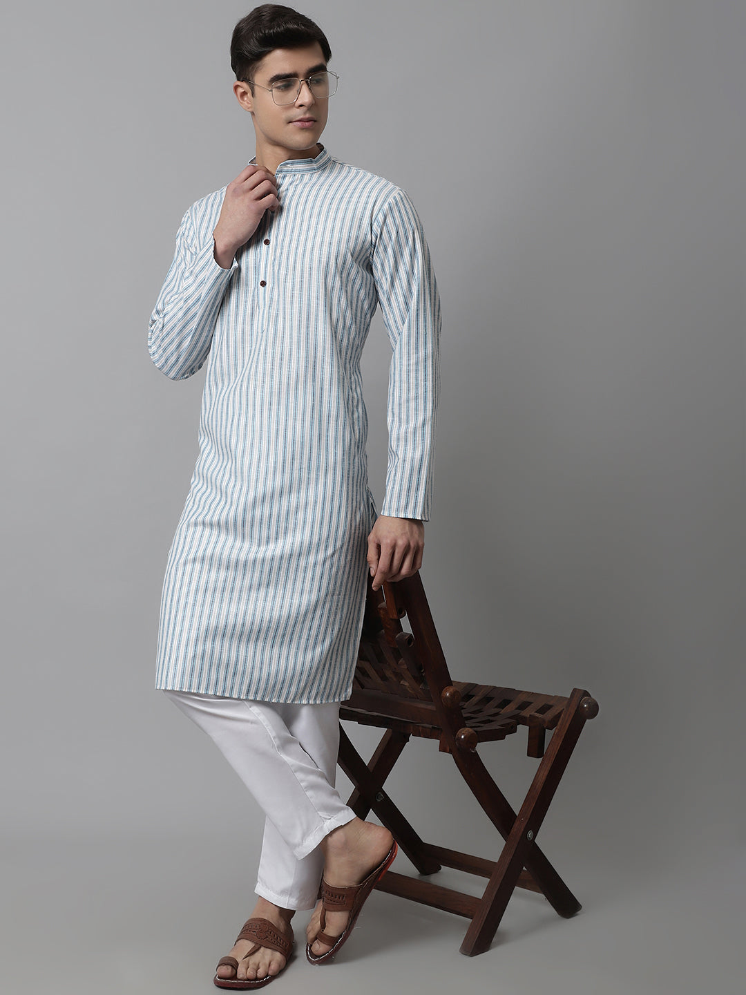 Jompers Men's Sky Blue and White Striped Kurta with Pyjama | Grocsy