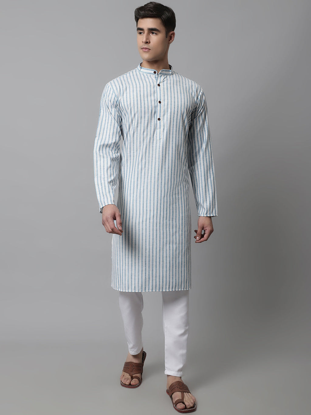 Jompers Men's Sky Blue and White Striped Kurta with Pyjama | Grocsy