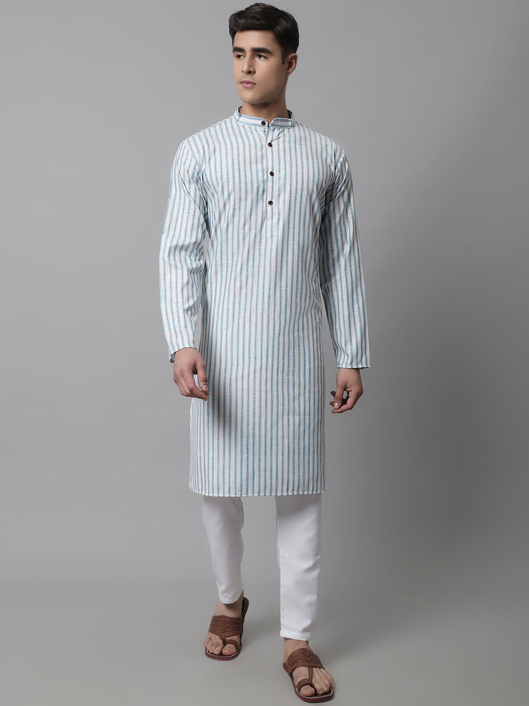 Jompers Men's Sky Blue and White Striped Kurta with Pyjama | Grocsy