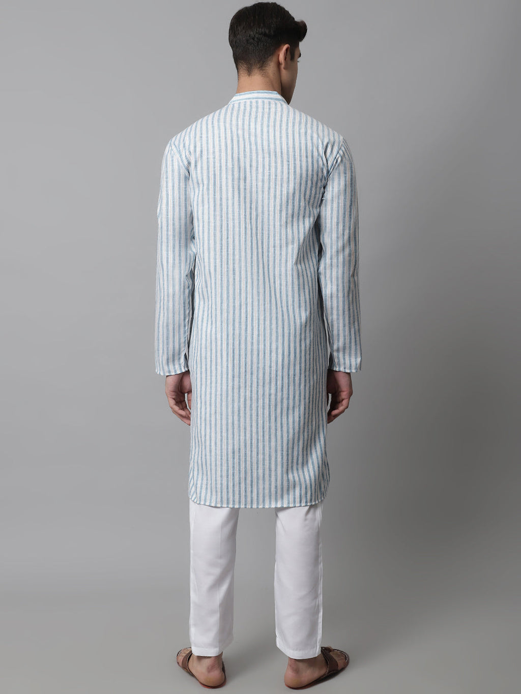 Jompers Men's Sky Blue and White Striped Kurta with Pyjama | Grocsy