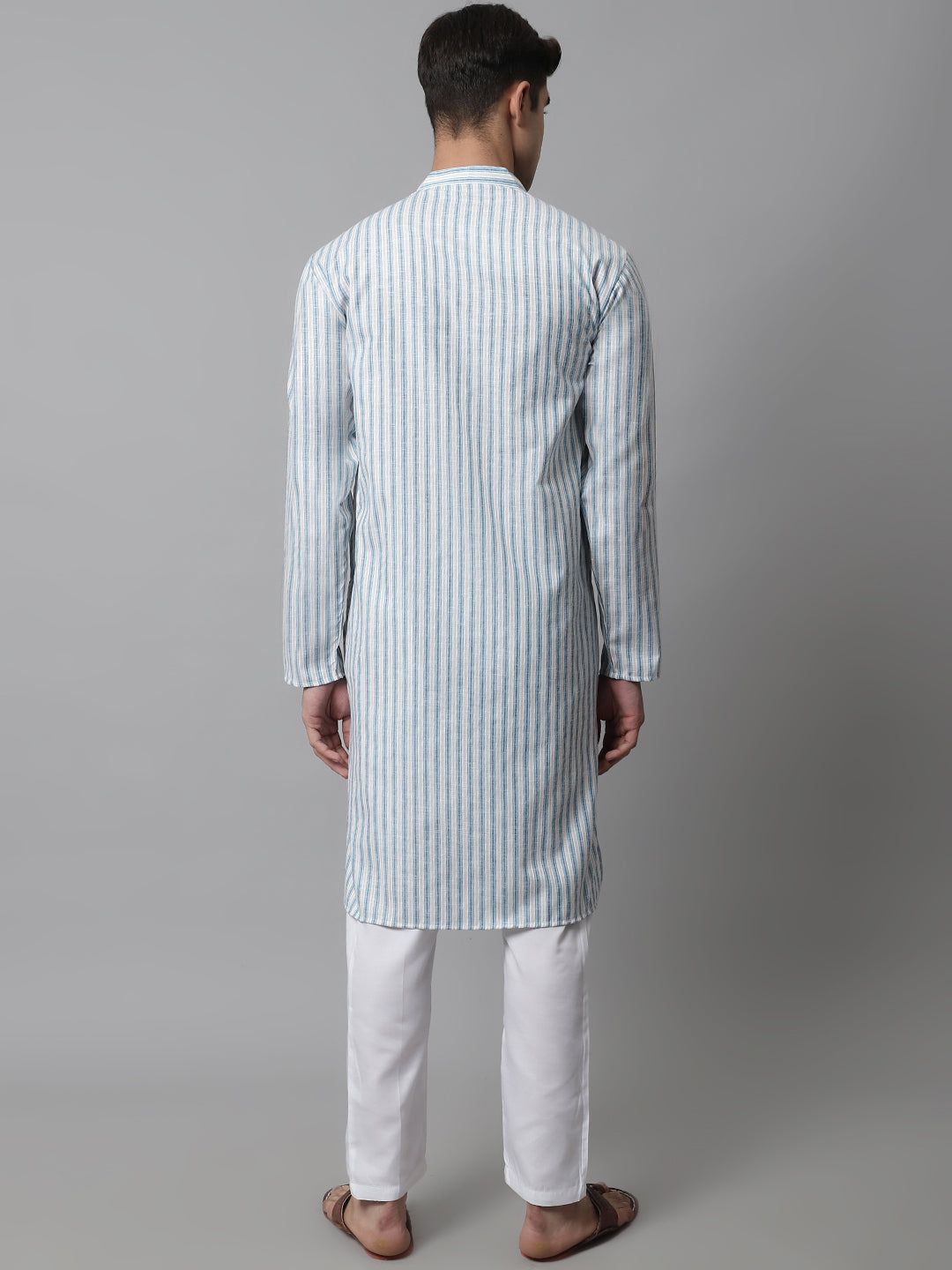 Jompers Men's Sky Blue and White Striped Kurta with Pyjama | Grocsy