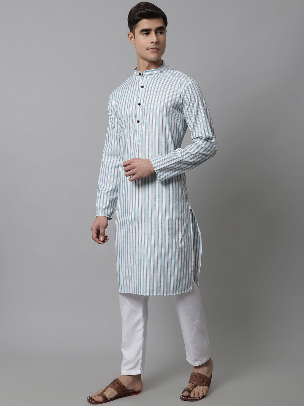 Jompers Men's Sky Blue and White Striped Kurta with Pyjama | Grocsy