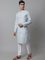 Jompers Men's Sky Blue and White Striped Kurta with Pyjama | Grocsy