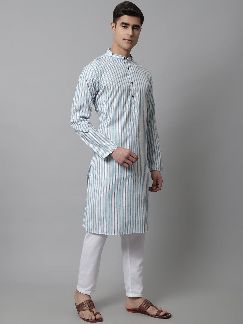 Jompers Men's Sky Blue and White Striped Kurta with Pyjama | Grocsy