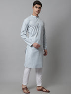 Jompers Men's Sky Blue and White Striped Kurta with Pyjama | Grocsy