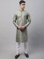 Jompers Men's Green Printed Silk Blend Kurta Payjama | Grocsy