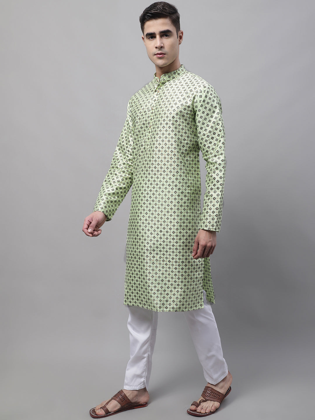 Jompers Men's Pista Green Printed Silk Blend Kurta Payjama | Grocsy