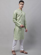 Jompers Men's Pista Green Printed Silk Blend Kurta Payjama | Grocsy