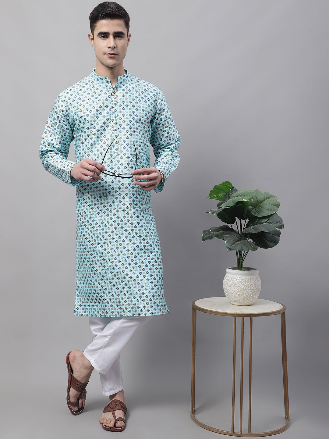 Jompers Men's Sky Blue Printed Silk Blend Kurta Payjama | Grocsy