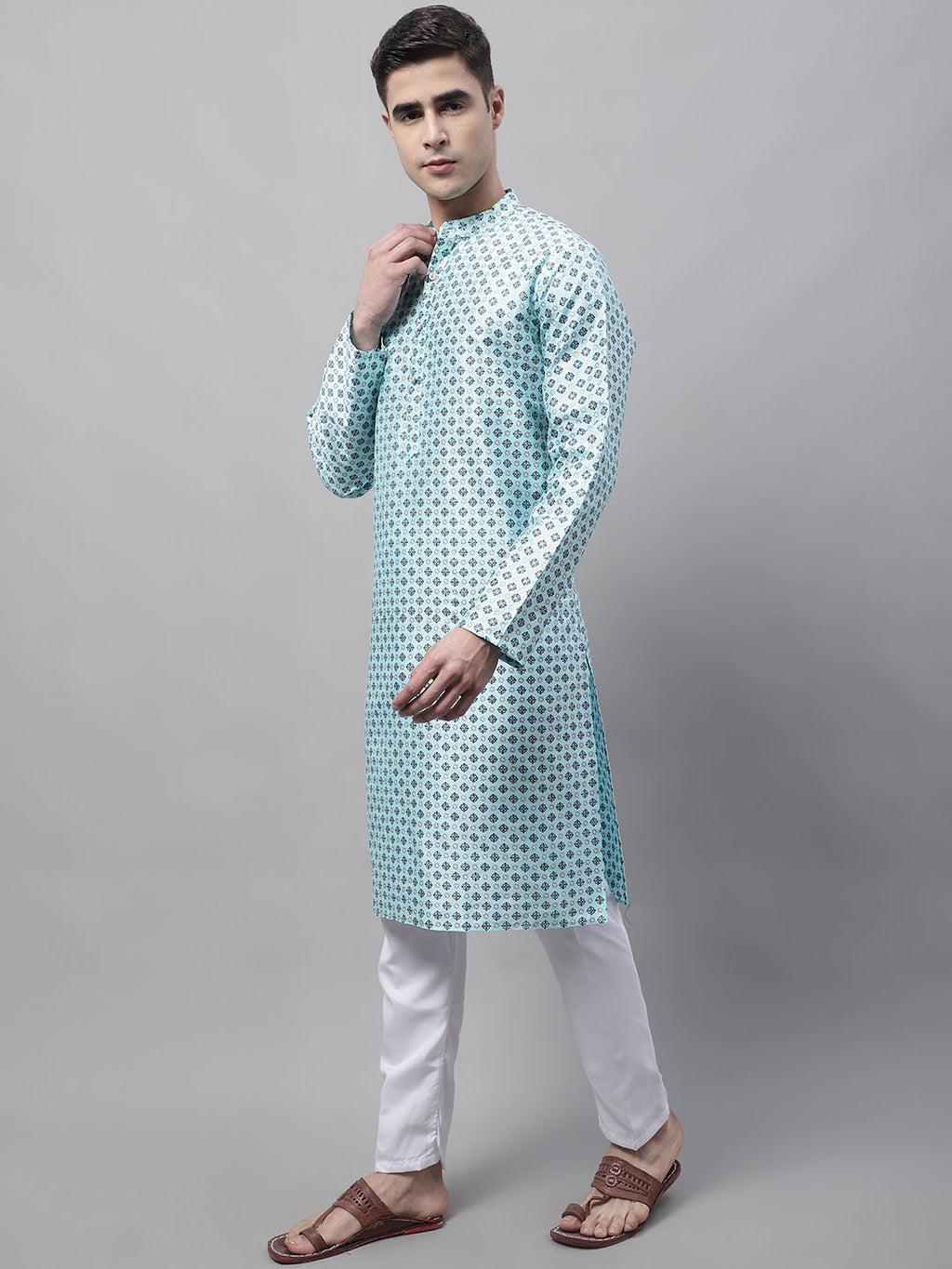 Jompers Men's Sky Blue Printed Silk Blend Kurta Payjama | Grocsy