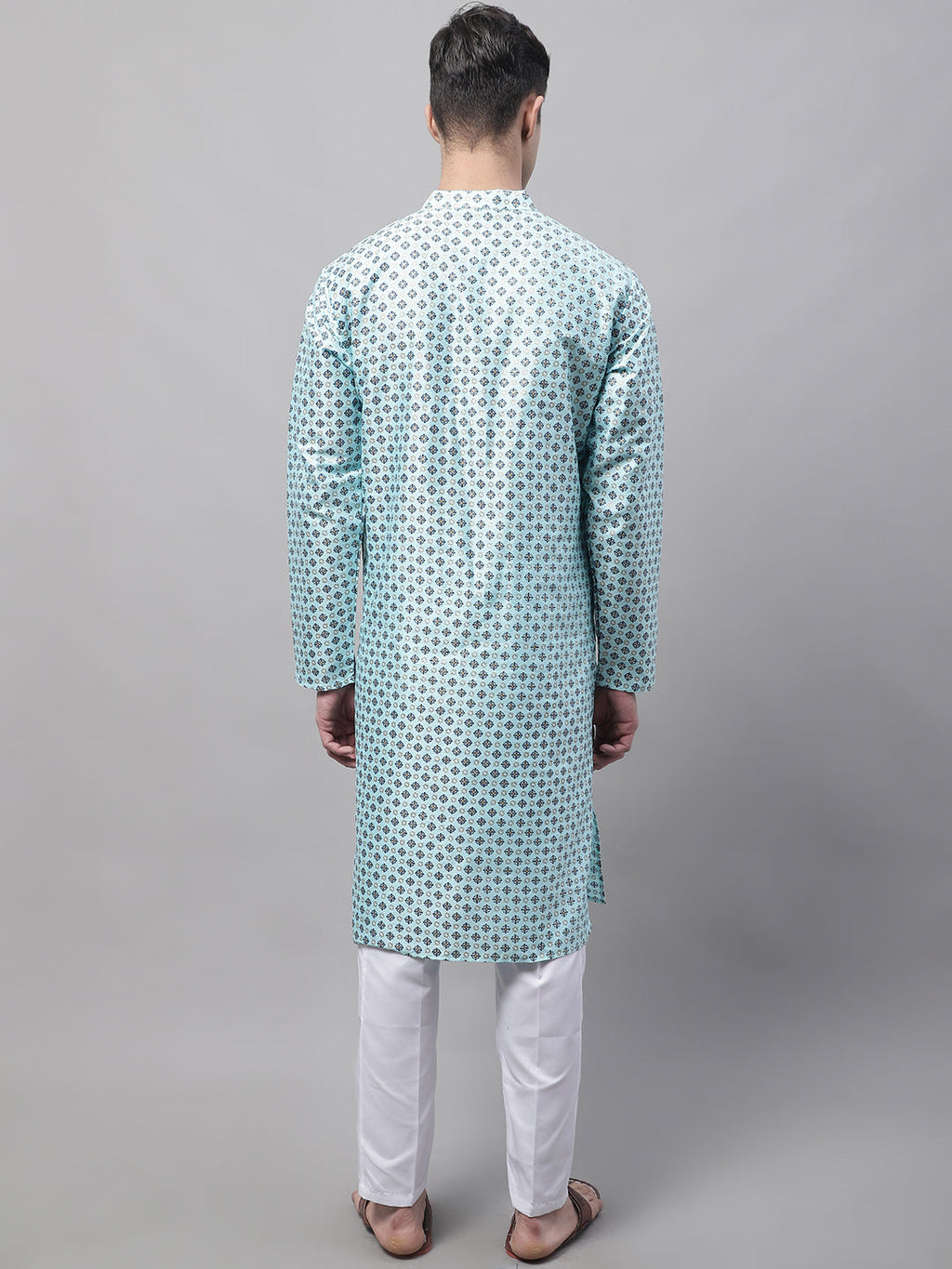 Jompers Men's Sky Blue Printed Silk Blend Kurta Payjama | Grocsy