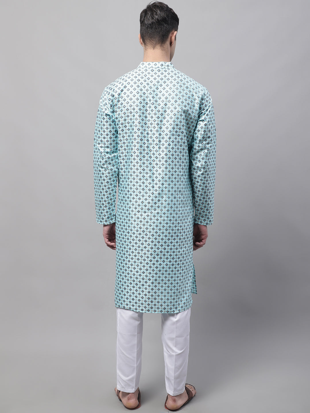 Jompers Men's Sky Blue Printed Silk Blend Kurta Payjama | Grocsy