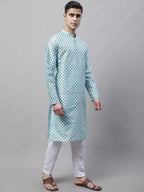 Jompers Men's Sky Blue Printed Silk Blend Kurta Payjama | Grocsy