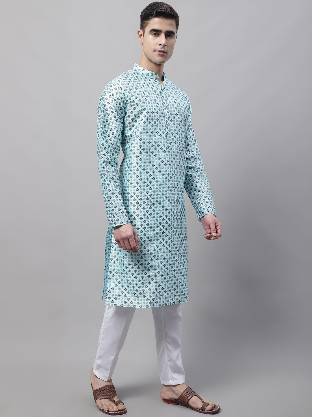 Jompers Men's Sky Blue Printed Silk Blend Kurta Payjama | Grocsy