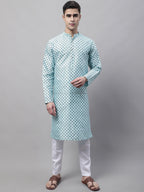 Jompers Men's Sky Blue Printed Silk Blend Kurta Payjama | Grocsy